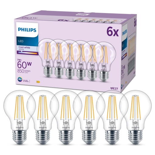 Lampa Philips Classic LED E27, 60W, mat, alb neutru, fara reglare, pachet de 6