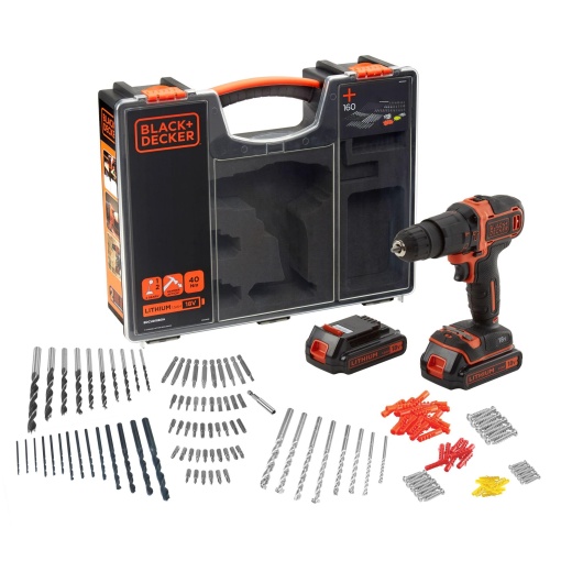Masina de gaurit combinata cu acumulator Black+Decker (18V 1.5Ah, cu cutie de viteze cu 2 trepte, preselectie variabila a cuplului, prindere moale, biti dubli, incl. 160 buc. Accesorii intr-o carcasa de inalta calitate) BDCHD18BOA