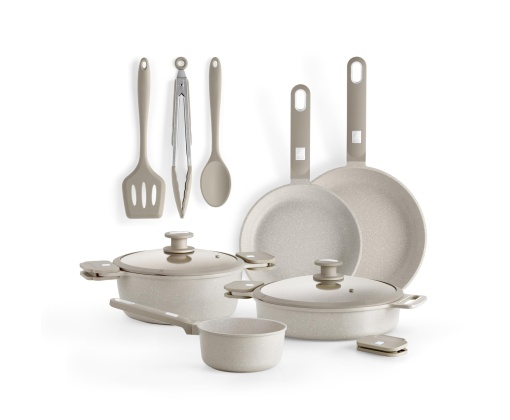 MONIX Danemarca | Set de vase de gatit din 10 piese, aluminiu turnat cu acoperire antiaderenta, potrivit pentru toate tipurile de aragaz, inclusiv plita cu inductie, bej