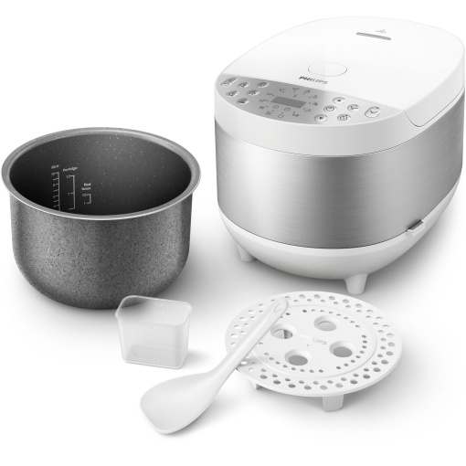 Multicooker Philips HD4713/40, 1067 W, capacitate 5 l, 60 programe presetate, control temperatura, sistem de incalzire 3D, mentinere la cald, aplicatie cu retete HomeID, Alb