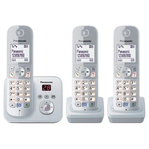 PanasonicKX-TG6823GS Telefon fara fir DECT cu robot telefonic (3 telefoane, radiatii reduse, mod eco, telefon cu capac, telefon fix) argintiu perlat