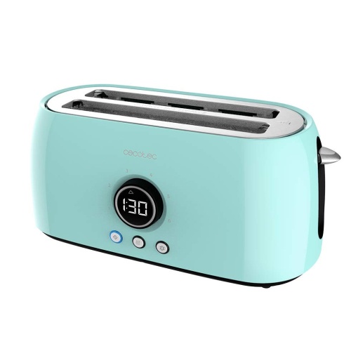 Prajitor de paine digital Cecotec ClassicToast 15000 Albastru Extra Dublu. 1500 W, 2 fante foarte largi pentru 4 toasturi, afisaj digital, 3 functii, brate superioare, turcoaz