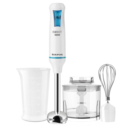 Set blender de mana Taurus | ROBOT 500 PLUS INOX | 20 de niveluri de viteza | 500 W | Electrice | inclusiv blender | Tel | Ulcior blender | Tocatoare | Poate fi spalat in masina de spalat vase | Alb