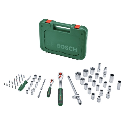 Set clichet Bosch 1/4" + 1/2", 57 bucati (Doua clichete robuste; 55 accesorii; Cuplu mare; Buton de blocare; Schimbare intuitiva de directie; Gat curbat; Prindere ergonomica moale; geanta de transport)
