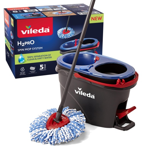 Set de mop Vileda H2PrO cu galeata Separarea 100 a apei proaspete de cele murdare Sistem inovator cu doua rezervoare cu functie de stoarcere Stoarcere