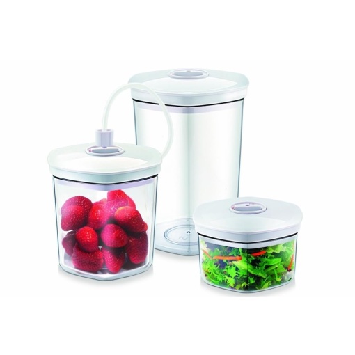 Set de recipiente in vid CASO, recipient spargator si sigur pentru masina de spalat vase,3 recipiente in vid pentru alimente sensibile la presiune si lichide,Potrivit pentru toate aparatele de etansare in vid CASO cu conexiune la furtun,stivuibile