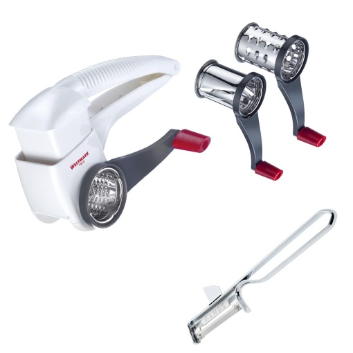 Set Westmark, 1 razatoare cu tambur cu 3 butoaie de taiere + 1 decojitor, otel inoxidabil/otel/ABS, alb/antracit/argintiu, 117222E7