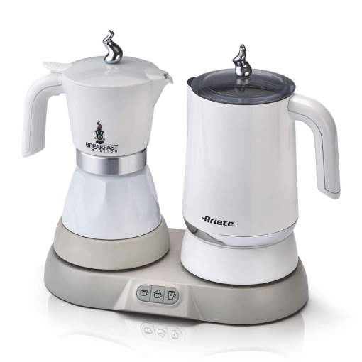 Statie de mic dejun Ariete 1344, 3 produse in 1: Spumant de lapte Moka cald si rece, 500W, 4/2 cani, mentine cafeaua calda, 5 functii, alb