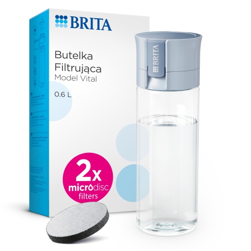 Sticla cu filtru de apa BRITA model VITAL albastru deschis (600 ml) cu 2 filtre MicroDisc pentru a fi hidratat peste tot, indeparteaza clorul, impuritatile, hormonii si conserva mineralele.