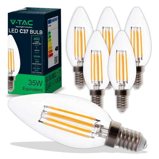 V-TAC 6x Bec LED Filament Lumanare E14 4W (echivalent cu 35W) - Alb cald 400 lumeni - Pachet de 6 - Eficienta maxima - Decorare filament - Becuri LED - Bec cu economie de energie - 3000K