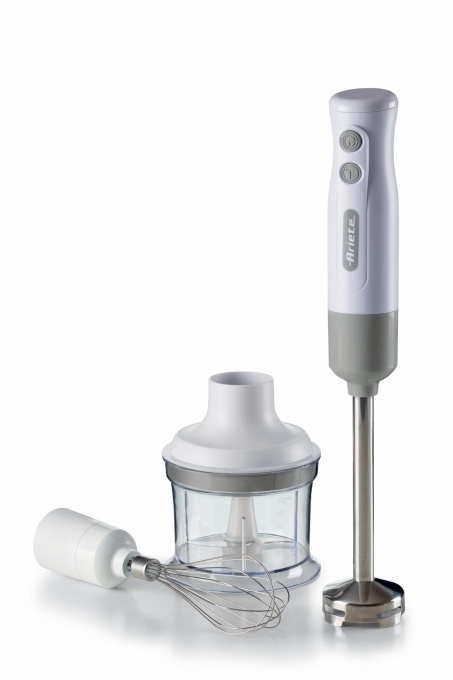 Ariete Breakfast 606 Blender de mana cu tocator, Mini blender de mana cu 2 viteze, lama din otel inoxidabil, suport detasabil, ceasca de masurare transparenta, 700W, alb