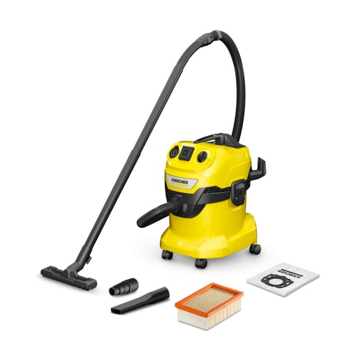 Aspirator umed si uscat Karcher WD 4 P V-20/5/22, recipient din plastic, cablu galben de 5 m, furtun de aspiratie de 2,2 m, cu priza pentru aparate, unealta de podea cu cleme, sistem de inchidere "Pull & Push", galben
