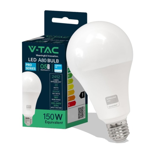 Bec V-TAC LED A80 20W (echivalent cu 150W) - 2452 lumeni - Bec LED - 6500K Alb Rece - Bec LED