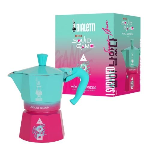 Bialetti Moka Express Squid Game(c) 3 cani, maner anti-oparire, nu este potrivit pentru inductie, 130 ml, aluminiu