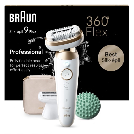 Braun Silk-epil 9 Flex, epilator cu cap flexibil 360, umed si uscat, epilare de lunga durata, cu accesoriu de ras, ladyshaver, accesoriu de tuns si accesoriu de masaj, fabricat in Germania, 9-071 3D, alb/auriu