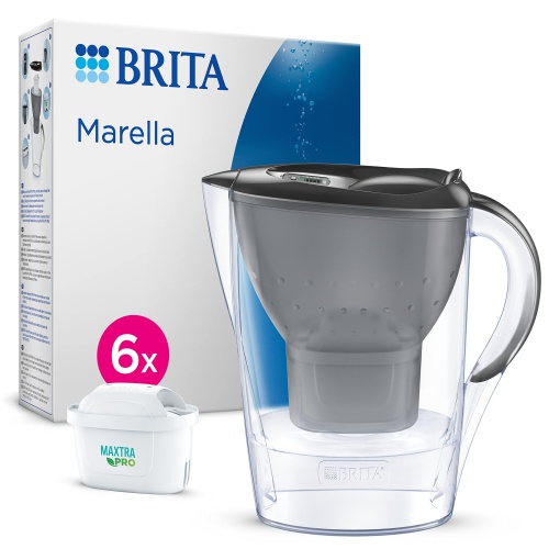 Cana filtranta BRITA Marella Graphite (2.4l) incl. 6X MAXTRA PRO All-in-1 Cartridge (pachet de jumatate de an) - Filtrul de apa reduce calcarul, clorul, plumbul, cuprul si substantele care afecteaza gustul din apa