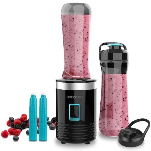 Cecotec Mixer portabil cu un singur suport Power Titanium 300 EasyGo. 350W, zdrobeste gheata, 4 lame cu acoperire neagra din titan, inclusiv 2 tuburi de racire, 2 pahare portabile si 2 capace