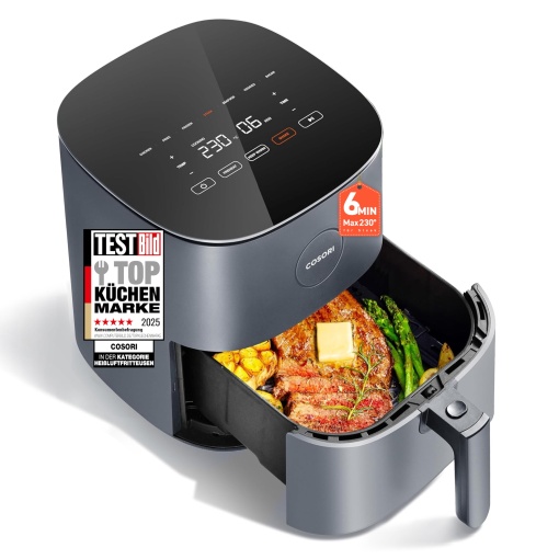 COSORI Airfryer, friteuza cu aer 7-in-1, max 230degC si 55dB Silent Air Fryer, 100+ reteta, pui, friptura, bacon, alimente congelate, 55% economie de energie, poate fi folosita pentru masina de vase