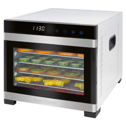 Deshidratator ProfiCook(r) | Otel inoxidabil | Regulator de temperatura de la 35-75 degC | Fara BPA | Functie de cronometru | 6 etaje | Afisaj LED | Control tactil | Fructe, Carne, Fructe - Uscator | 650 wati | PC-DR 1218