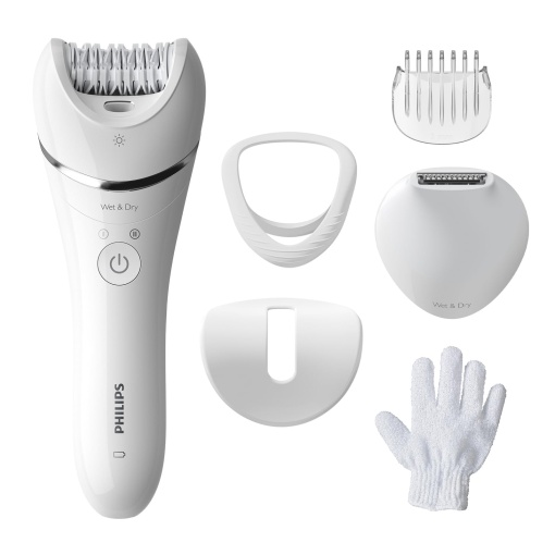Epilator Philips seria 8000, epilator umed si uscat fara fir pentru picioare si corp, dispozitiv de indepartare a parului, cu 6 accesorii, model BRE715/00