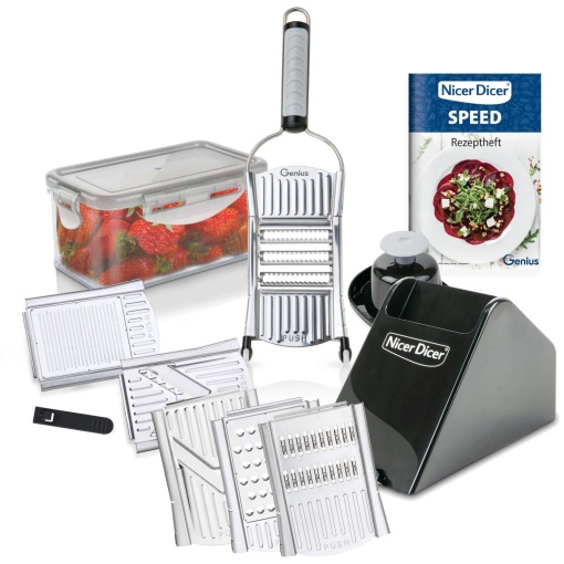 Genius Nicer Dicer Speed Deluxe Set 13 piese Feliator manual V-Slicer - Feliator manual reglabil cu lama in V din otel inoxidabil - Feliator de legume Feliator de legume cu taietor de juliene, argintiu - Img 1