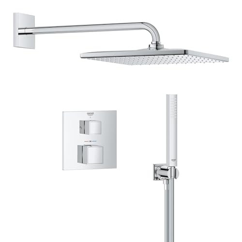 GROHE Precision 310 Cube - Sistem de dus (Dus deasupra capului de 310 mm cu 1 tip de pulverizare, Dus de mana 1 spray, Cutie incorporata universala, Dus de mana, Furtun de dus de 150 cm), unghiular, Crom, 34879000