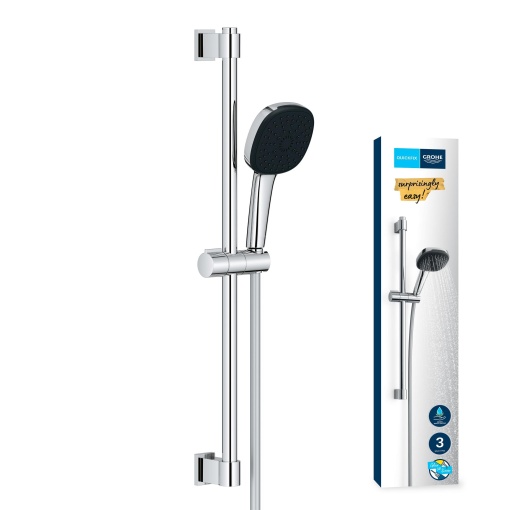 GROHE Vitalio 110 - Set de sine de dus cu economie de apa - 8l pe minut (3 tipuri de pulverizare, bara de dus 60cm, lipire sau gaurire), patrat, cromat, 26096001
