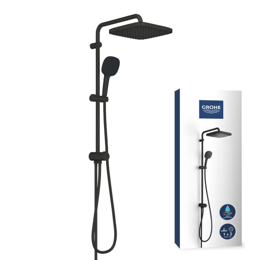 GROHE Vitalio 250, sistem de dus cu deviator, economie de apa-8l pe minut (pentru robinete existente, dus cu efect de ploaie 2 tipuri de pulverizare, sina de dus 74cm), patrat, negru mat, 266962431