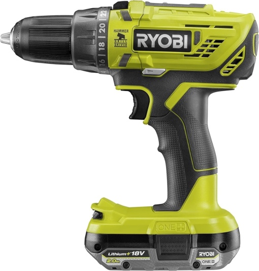 Masina de gaurit combinata cu acumulator RYOBI 18 V ONE+ R18PD32-1C20G (cutie de viteze cu 2 trepte, cuplu 50Nm, niveluri de cuplu 24, mandrina fara cheie de 13 mm din metal, incl. 1 baterie de 2,0 Ah si incarcator)