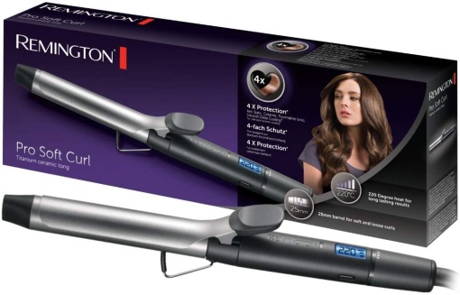 Ondulator Remington [25mm] Pro Soft Curl Digital (4x protectie, acoperire antistatica cu turmalina ceramica) - Afisaj LCD 130-220degC, cu clema, bucle moi medii si naturale, CI6525