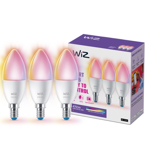 Pachet de 3 lampi LED WiZ GU10 Smart E14 - 40W, cu 16M culori + nuante albe, Wi-Fi/Bluetooth, control vocal/aplicatie, functioneaza cu Google Home, Alexa si HomeKit