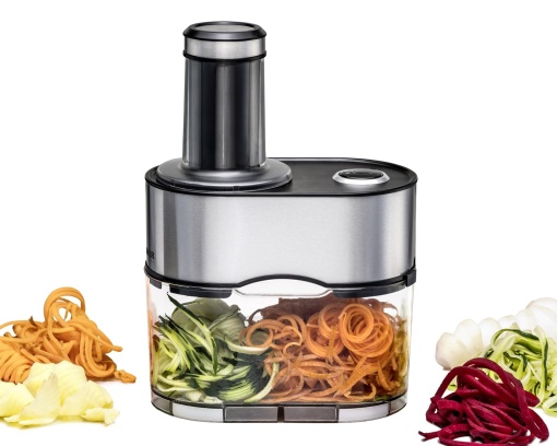 ROMMELSBACHER Spiral Cutter EGS 80-5 insertii de cutit pentru diverse taitei de legume, recipient de colectare de 2,5 litri, jgheab mare de umplere, sistem de siguranta de 2 ori, complet demontabil, carcasa din otel inoxidabil
