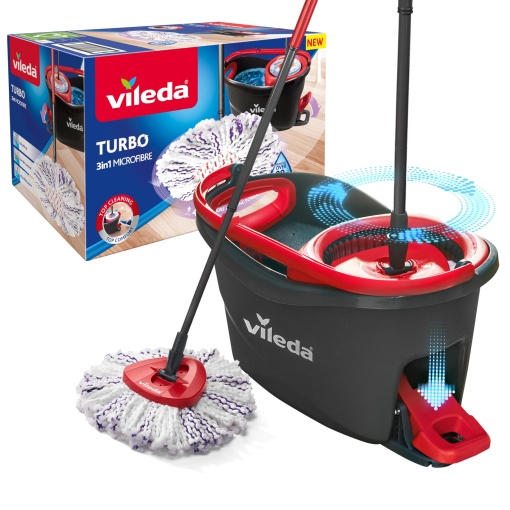 Set complet Vileda Turbo 3 in 1, mop cu cap de mop din microfibra 3 in 1, galeata cu centrifugare, maner telescopic: 85 - 123 cm, indeparteaza 99% din bacterii, sistem de stergere durabil, Vileda Love it Clean