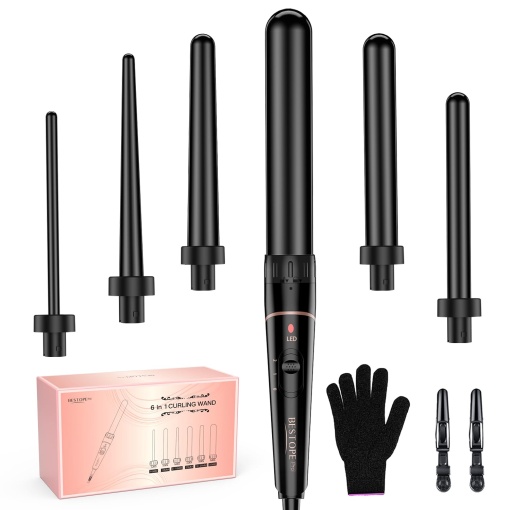 Set de bucle mari si mici - 6 in 1 cu diverse atasamente Acoperire cu turmalina ceramica antistatica Fier de calcat pentru valuri de plaja