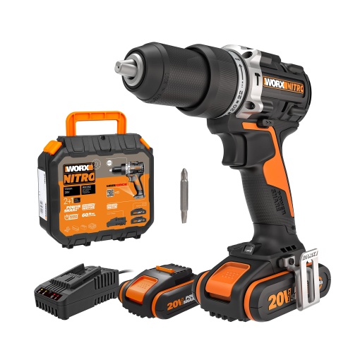 Set de gaurit combinat cu acumulator WORX NITRO WX352 20V - motor fara perii - pentru insurubare, gaurire si gaurire cu percutie - 60Nm - cutie de viteze cu 2 trepte si lumina LED - incl. baterii 2x20V 2Ah si incarcator rapid 2A