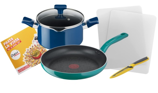 Set de vase de gatit Tefal G804S4 Chefclub Pasta La Vista | Acoperire antiaderenta din titan | Indicator de temperatura Thermo-Signal | gatit in siguranta | Usor de curatat | Potrivit pentru inductie | albastru/verde