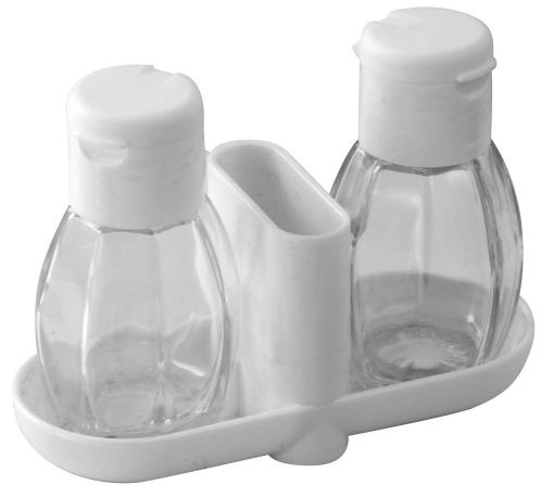Set solnita si pipernita Fackelmann 47310 cu suport pentru scobitori sticla alb