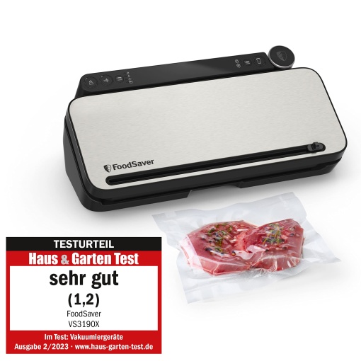 Sistem de sigilare in vid multifunctional FoodSaver pentru alimente | cu aparat de sigilat in vid portabil, 1 rola de vid, 4 pungi de vid si 4 pungi cu fermoar | Argintiu cu accente negre [VS3190X]