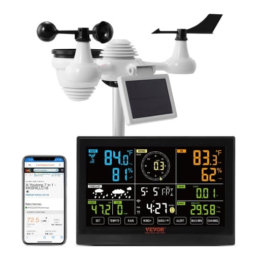 Statie meteo profesionala Wi-Fi VEVOR 7-in-1 Centru meteo alimentat cu energie solara Afisaj de 7,5 inchi Raza de transmisie 150m Senzor exterior pentru viteza vantului Directia vantului Temperatura Umiditate Precipitatii