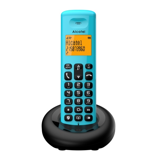 Telefon DECT fara fir Alcatel E160 albastru cu blocare a apelurilor nedorite, afisaj mare cu iluminare portocalie, usor de citit, tonuri de apel clasice si polifonice