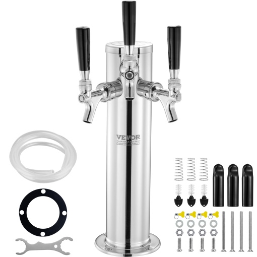 Turn de distribuire a berii VEVOR cu 3 robinete, turn de butoaie de bere din otel inoxidabil, kit turn Kegerator cu furtunuri preasamblate si robinete cu inchidere automata pentru petreceri, baruri, pub-uri si restaurante