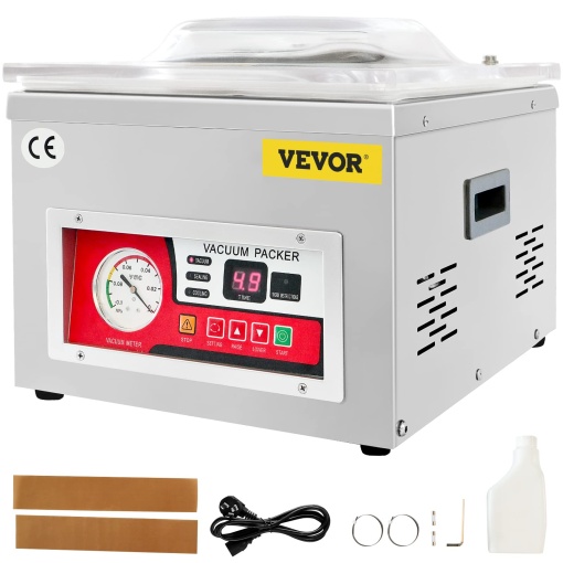 VEVOR Sigilator in vid DZ-260A Sigilator in vid cu camera profesionala compacta 180W Motor 6,5 cbm / h Sigilator in vid 33x25cm Dimensiune de etansare Potrivit pentru gospodarii Supermarketuri Fabrici de alimente, argint