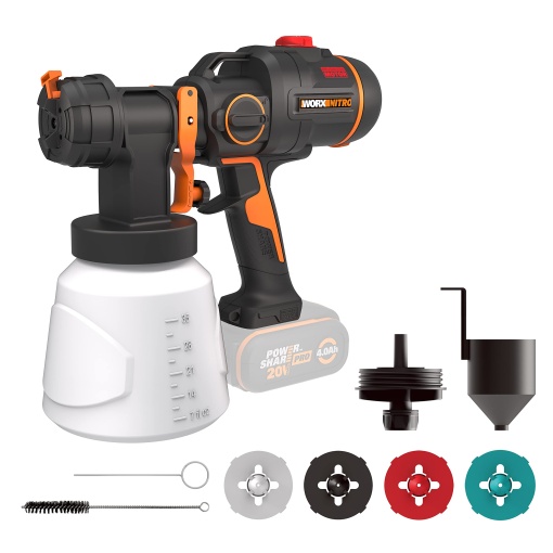 WORX WX020.9 Nitro Sistem de pulverizare a vopselei fara fir 20V - motor puternic fara perii - 3 matrite de pulverizare si 4 dimensiuni de duze - curatare usoara - pulverizare uniforma - fara baterie si incarcator