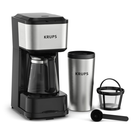 Aparat de cafea Krups Simply Brew cu filtru 3 in 1, 3 optiuni de preparare, cafea americana, carafa din sticla rezistenta la caldura, cana de calatorie cu perete dublu din otel inoxidabil, KM207D