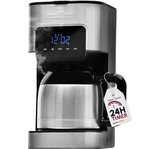 Aparat de cafea Profi Cook | 8-10 cani | Cronometru | Functionare tactila cu senzor | Balon termos cu pereti dubli cu volum de 1,2 litri | Inchidere aroma | Filtru de cafea din otel inoxidabil | PC-KA 1191