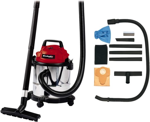 Aspirator umed/uscat Einhell TC-VC 1812 S (putere de 1.250 W, sistem de furtun de 36 mm, recipient din otel inoxidabil de 12 l, filtru de spuma, extins. accesorii duze), rosu, negru, alb