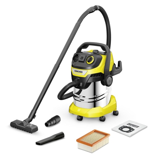 Aspirator umed/uscat Karcher WD 5 P S V-25/5/22, incl. priza, filtru plisat plat, cutie de filtrare patentata, curatare filtru, sac filtru din lana, 1.100 W, recipient din otel inoxidabil: 25 l, furtun de aspiratie: 2,2 m
