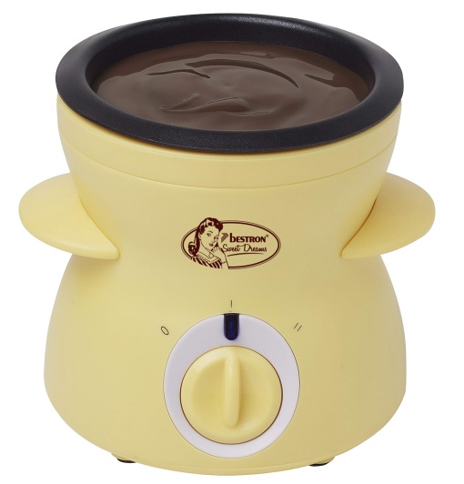 Bestron Fondue de ciocolata pentru 2 persoane, Mini set de fondue de ciocolata, incl. 10xFrigarui, 10xFurculite si 1xSpatula, 25Watt, Galben