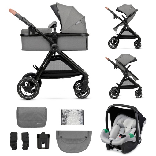 Carucior Kinderkraft ESME 3 in 1 set complet de pana la 26 kg, Sisteme de calatorie pentru carucior combinate cu scaun auto pentru bebelusi I-size 40-75 cm, Pliabil, Pozitie culcat, Gri