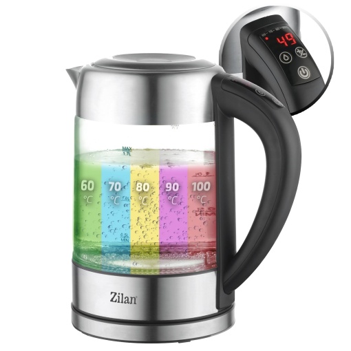 Ceainic din sticla Zilan LED, afisaj digital, 1,7 L, 5 setari diferite, ceainic fara fir cu corp din sticla borosilicata inalta la 360deg, 2200W
